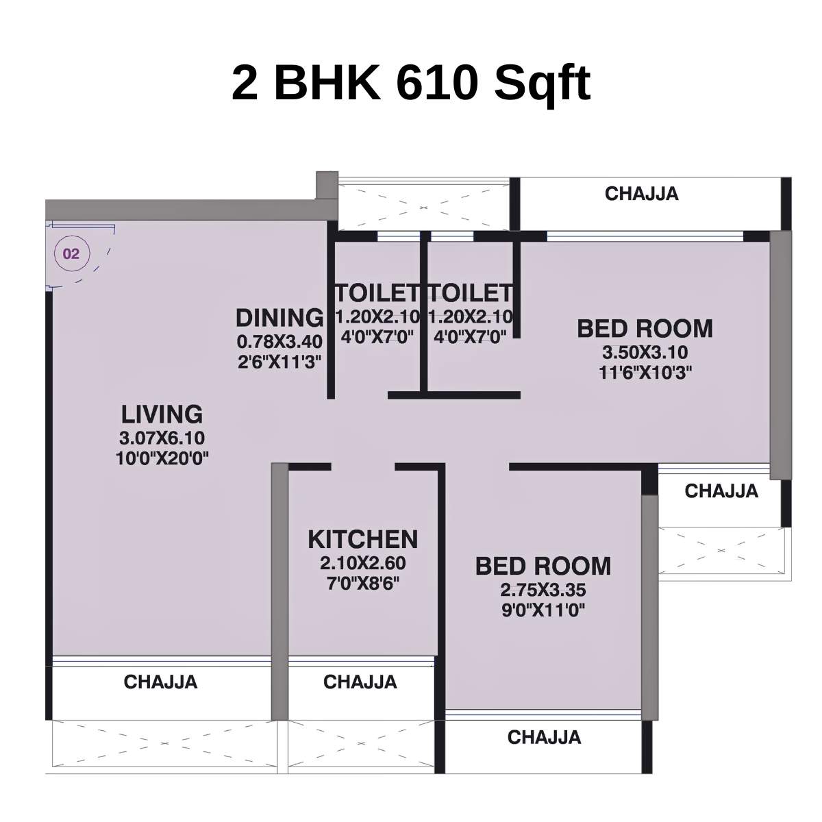 Gami-Ved-Floor-Plan-2-BHK-610-Sqft