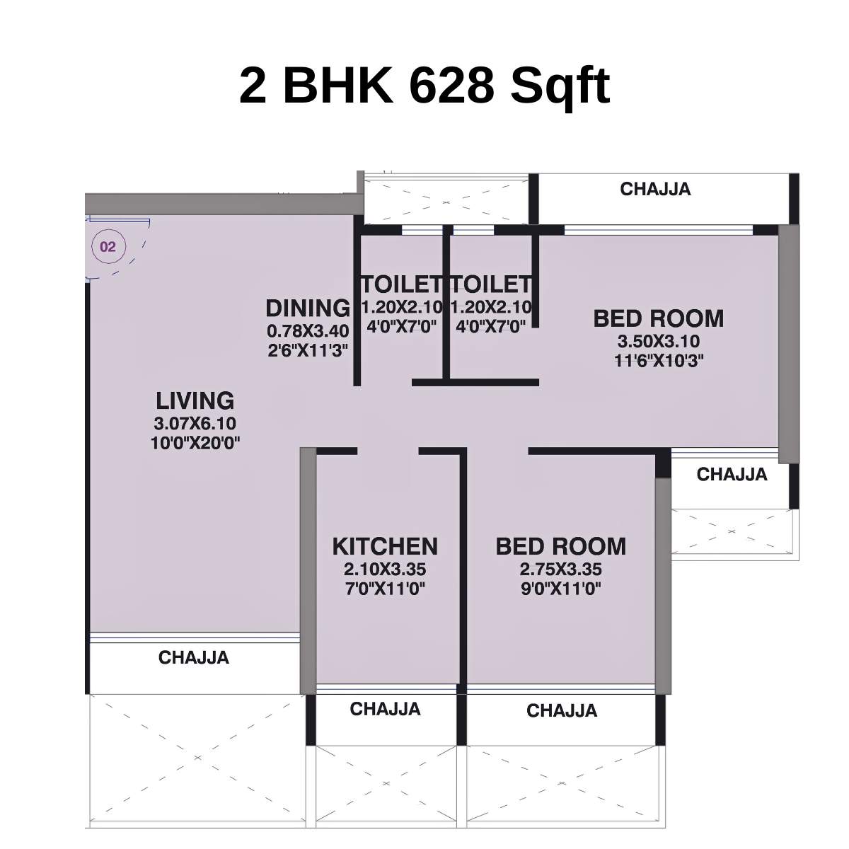 Gami-Ved-Floor-Plan-2-BHK-628-Sqft